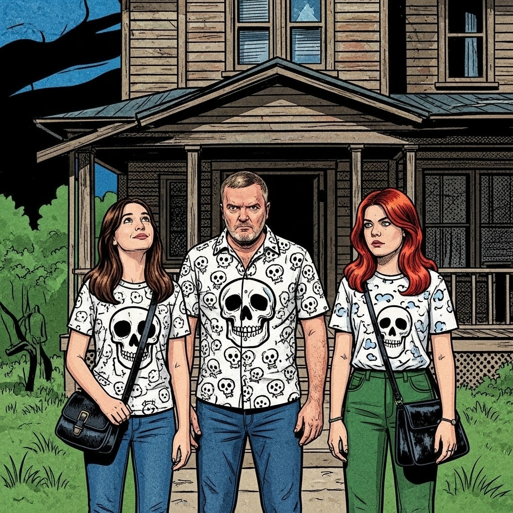 An illustration of a grim-faced Major-General Stanley flanked by two figures, all wearing stylized skull-patterned clothing, standing before a dilapidated house.